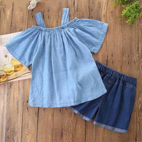Mommy and Me Blue Off The Shoulder Denim Blouse And Shorts Outfits