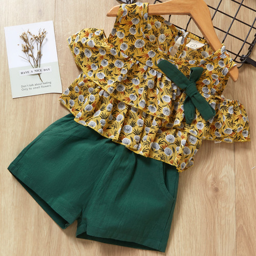Girls Ruffles Cold-Shoulder Chiffon Blouse and Shorts Two-Piece Outfit