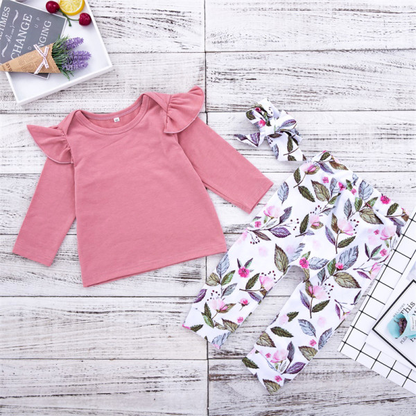 Baby Girl Ruffles Long Sleeves Tee and Leafs Pants Two Pieces Outfits ...