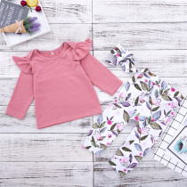 Baby Girl Ruffles Long Sleeves Tee and Leafs Pants Two Pieces Outfits with Hairband