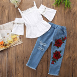 Girls White Crocheted Lace Blouse and Embroidery Rose Denim Jeans Two-Piece Outfit