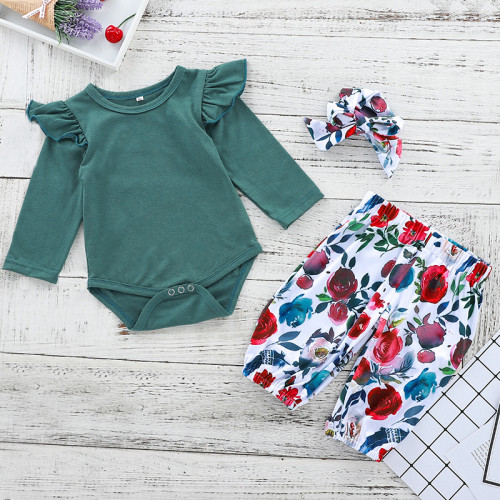 Baby Girl Ruffles Long Sleeves Bodysuit and Rose Flowers Pants Two Pieces Outfits with Hairband