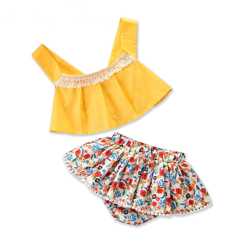 Baby Girl Yellow Tassels Blouse and Flowers Pompoms Shorts Skirt Two Pieces Outfits