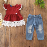 Girls Pompoms Lace Blouse and Ripped Denim Jeans Two-Piece Outfit