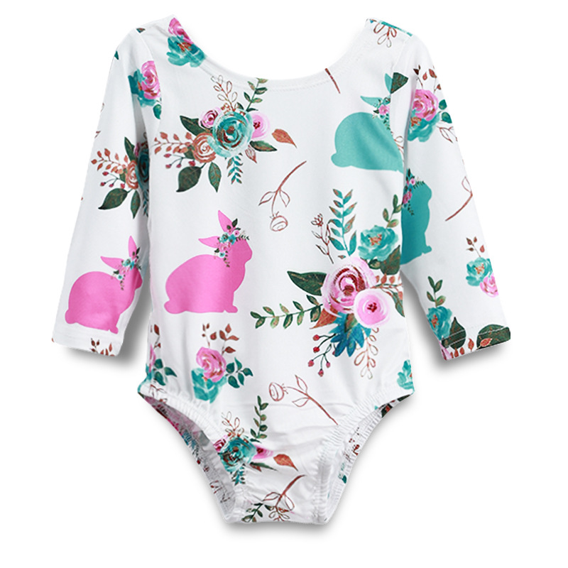 Baby Girl Print Flowers Long Sleeve Cotton Bodysuit With Rabbit Tail