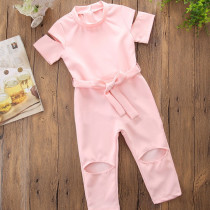 Girls Pure Color Bowknot Cut Out Jumpsuits