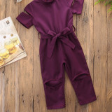 Girls Pure Color Bowknot Cut Out Jumpsuits