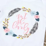 Baby Girl Print Slogans Short Sleeves Bodysuit and Leafs Pants Two Pieces Outfits with Hairband