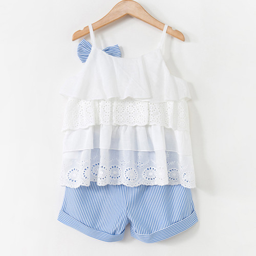 Girls Hollow Out Ruffles Vest and Stripes Shorts Two-Piece Outfit