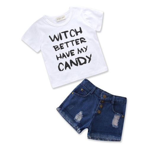 Girls White Slogan T-shirt and Ripped Jeans Shorts Two-Piece Outfit