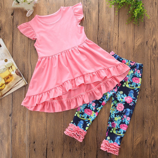 Girls Pink Ruffles Top and Print Flowers Pant Two-Piece Outfit