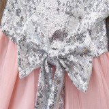 Girls Silver Sequins Tutu Bowknot Pink Lace Short Sleeves Princess Dress With Headhand