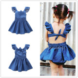 Girls Ruffles Sleeves Backless Blue Denim A-line Dress