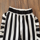 Girls Black T-shirt and Ruffles Stripes Pant Two-Piece Outfit