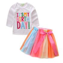 Girls Birthday Long Sleeves Tee and Colorful Tutu Skirt Two-Piece Outfit