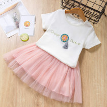 Girls Beading Embroidery Orange T-shirt and Tutu Skirt Two-Piece Outfit