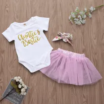 Baby Girl Print Slogans Short Sleeves Bodysuit and Pink Tutu Skirts Two Pieces Outfits