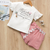 Girls Ruffles Short Sleeves Slogan T-shirt and Lace Shorts Two-Piece Outfit