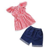 Girls Red Ruffles Plaids Blouse and Blue Denim Shorts Two-Piece Outfit