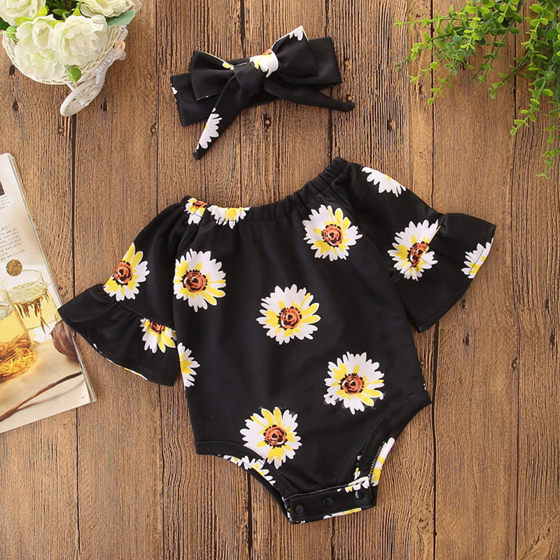 Baby and Toddler Girl Prints Flowers Black Swimsuit With Hairband
