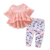 Girls Pink Ruffles Blouse and Flowers Pant Two-Piece Outfit