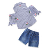 Girls Off The Shoulder Embroidery Blouse and Denim Shorts Two-Piece Outfit