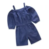 Girls Blue Slip Off The Shoulder Denim Romper Jumpsuits