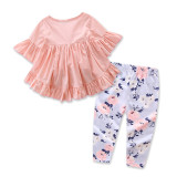 Girls Pink Ruffles Blouse and Flowers Pant Two-Piece Outfit