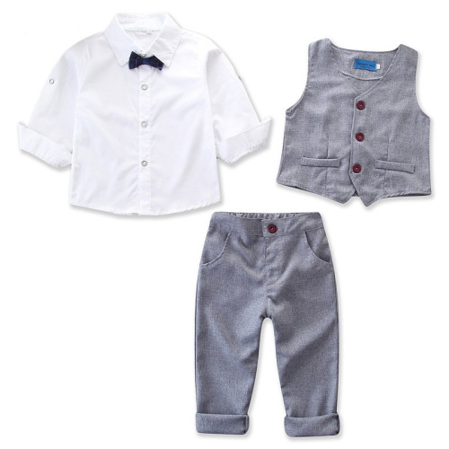 Boys 3-Piece Outfits Long Sleeves Shirt Match Vest and Stripes Pant Dressy Up Clothes