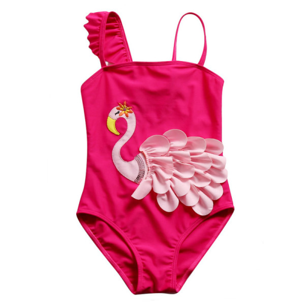 Kid Girls' 3D Embroidery Swan Ruffles One Piece Swimsuit Pink Beach Swimwear