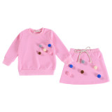 Toddler Girl 2 Pieces Pompon Long Sleeve Sweatshirt and Skirt Clothes Set Outfit