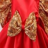 Girls Gold Sequins Bowknot Ruffles Gowns Dress