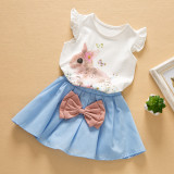 Girls Print Rabbit Ruffles Sleeves Blouse and Bowknot Skirt Two-Piece Outfit