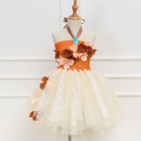 Girl Orange Crocheted Flowers Lace Tutu Dress