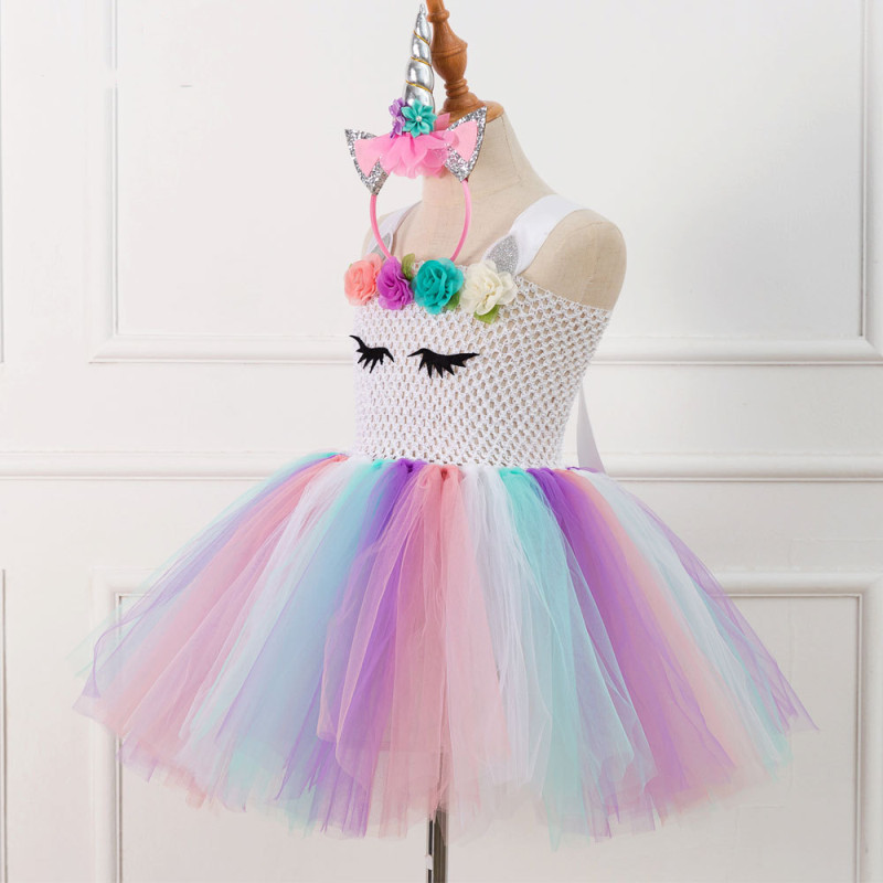 Girl Crocheted Print Flowers Tutu Dress With Unicorn Hair Band