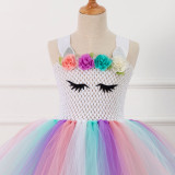 Girl Crocheted Print Flowers Tutu Dress With Unicorn Hair-band