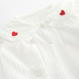 Girls Print Red Hearts Ruffles Collar Bell Sleeves Stripes Blouse