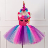 Girl Red Crocheted Flowers Tutu Dress With Unicorn Hair-band
