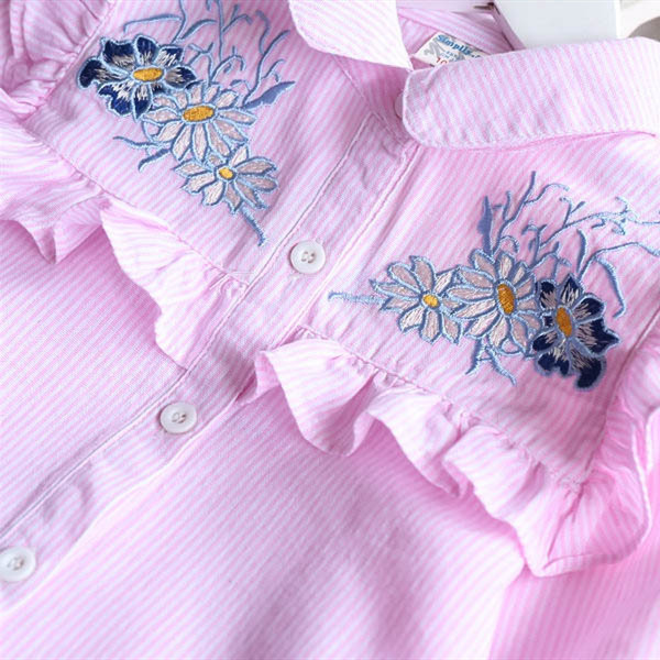 Girl Ruffles Embroidery Flowers Stripes Shirts
