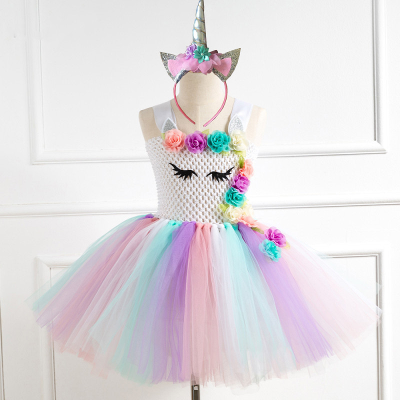 Girl White Crocheted Tutu Dress With Unicorn Hair Band