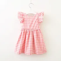 Girls Ruffles Sleeves Bowknot Plaid Backless Dress