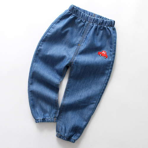 Boys Print Car Lightweight Denim Jeans With Rubber Waist