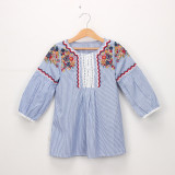 Girls Stripes Vintage Embroidery Long Sleeves Dress