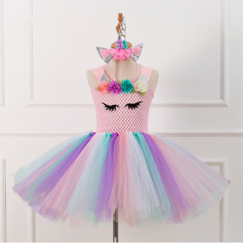 Girl Crocheted Print Flowers Tutu Dress With Unicorn Hair Band