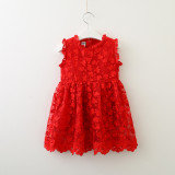 Girls Red Lace Embroidery Flowers Sleeveless Dress