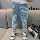 Girls Prints Slogan Ripped Denim Jeans With Rubber Waist