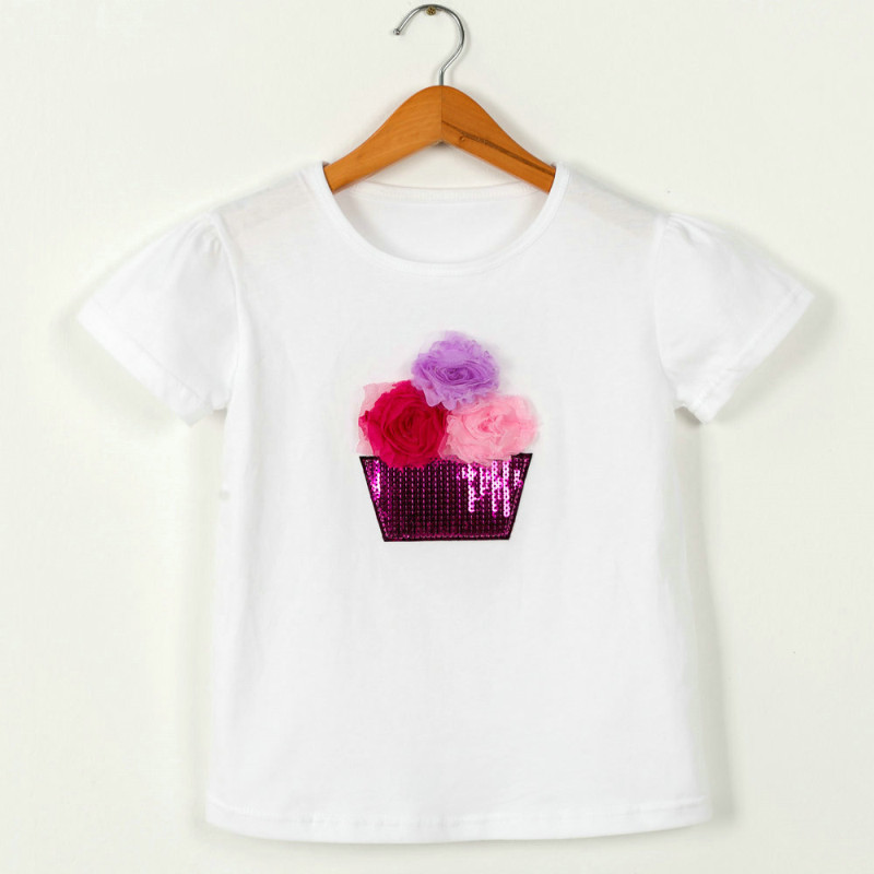 Girls Print Flowers Sequins White T-Shirts