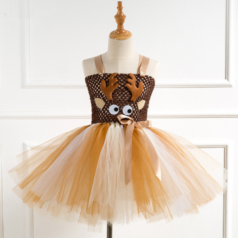 Girl Crocheted Print Deer Tutu Dress With Deer Hair-band