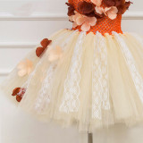 Girl Orange Crocheted Flowers Lace Tutu Dress