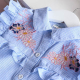 Girl Ruffles Embroidery Flowers Stripes Shirts
